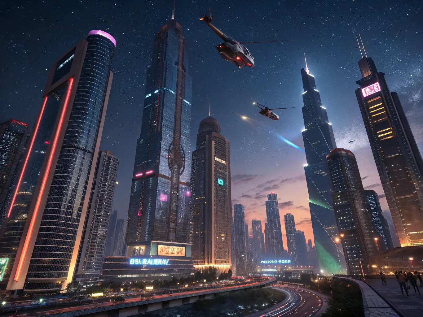 A futuristic cityscape with neon lights reflecting on sleek, modern buildings, symbolizing innovation and forward-thinking solutions.