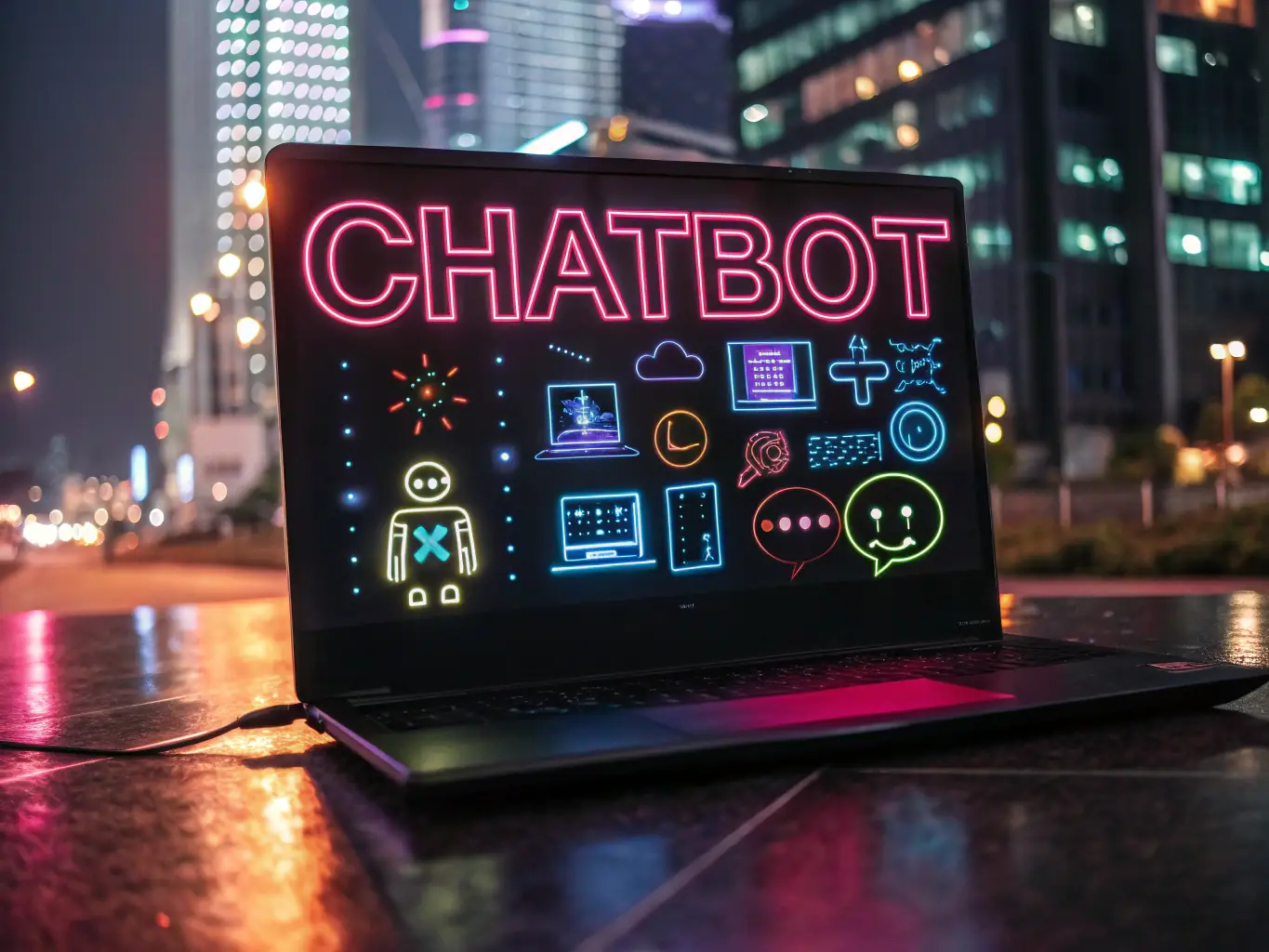 A sleek, futuristic AI chatbot interface assisting a customer on a website, with glowing neon accents and a cyberpunk-inspired design.