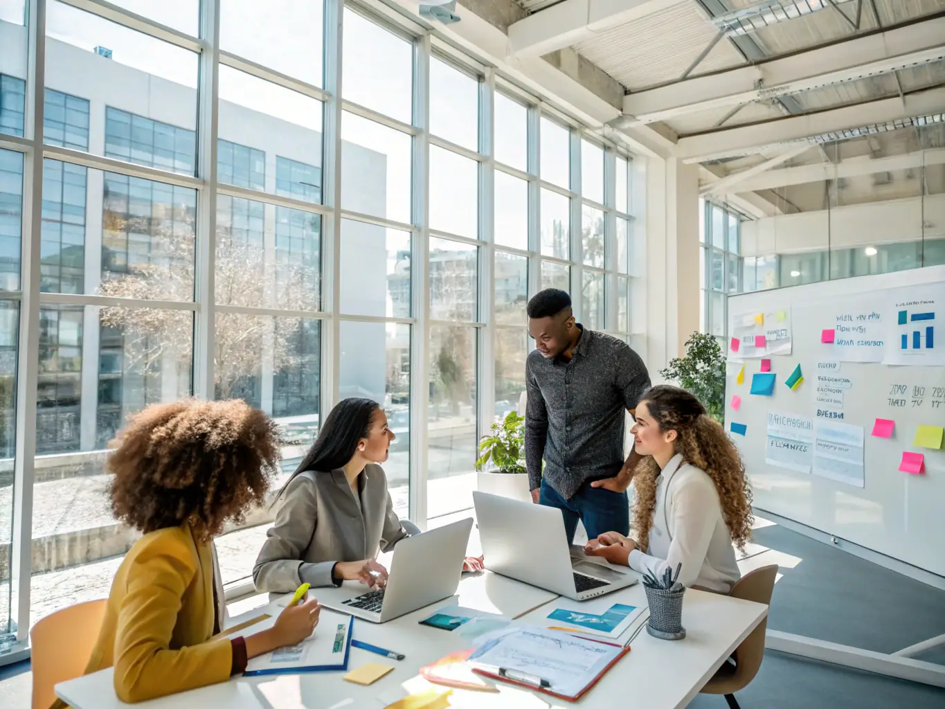 A diverse team collaborating in a high-tech office space, showcasing dedication, creativity, and a client-centric approach.