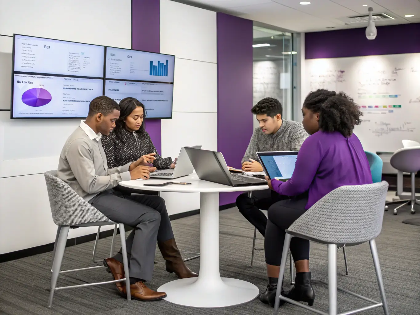 A diverse team of AI specialists customizing an AI chatbot's responses and personality, working in a modern, cyberpunk-themed office environment.